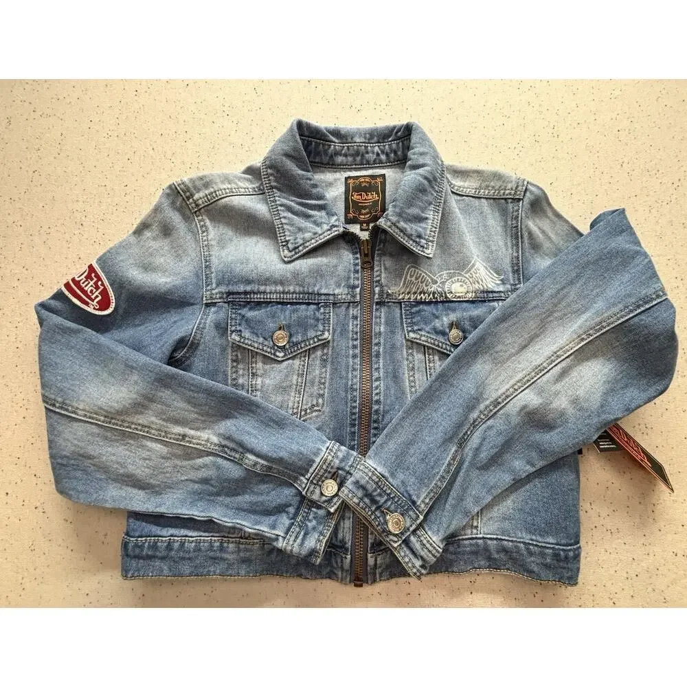 Von Dutch Originals Denim Jacket Mens Medium M Blue Full Zip Flying Eyeball Y2K